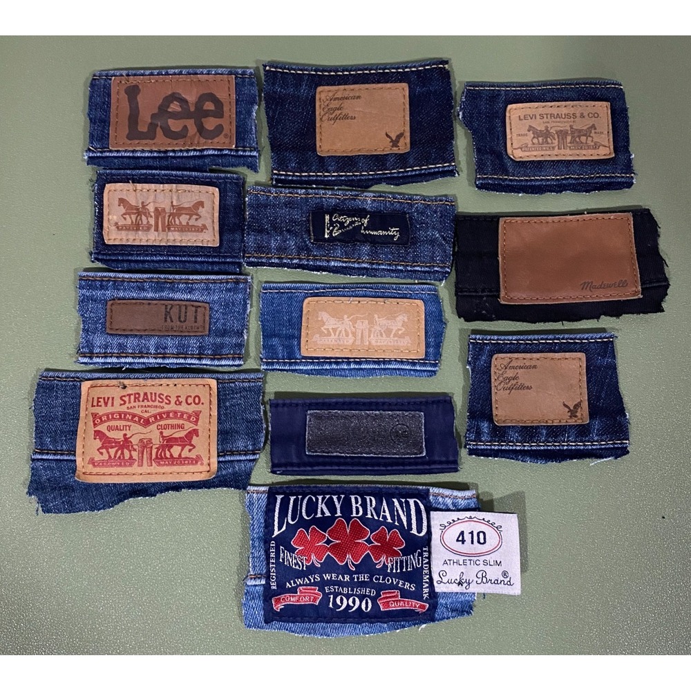 12 Pieces Denim Jean Logos for Quilting Arts Crafts Sew Mixed Sizes Styles